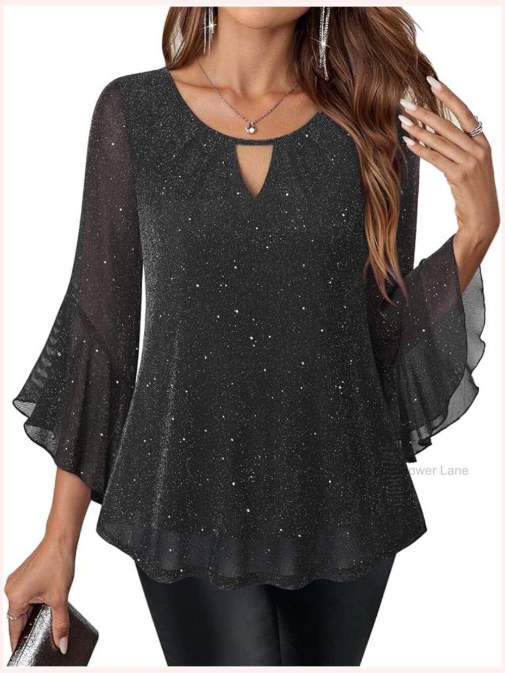 Sparkly Blouson Top with Bell Sleeves - V-Neck Blouse
